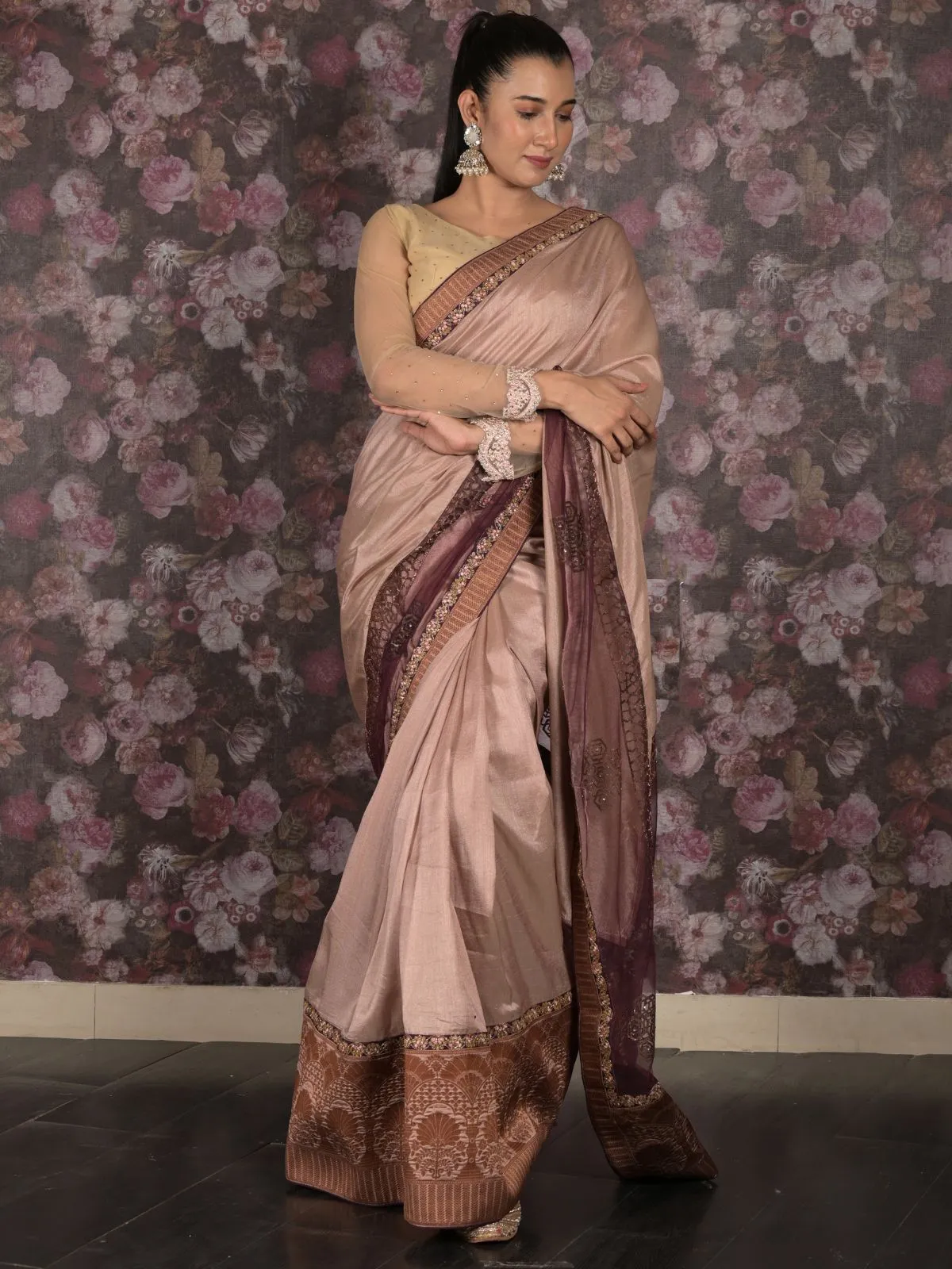 Odette Beige Woven Cotton Silk Blend Saree With Unstitched Blouse For Women