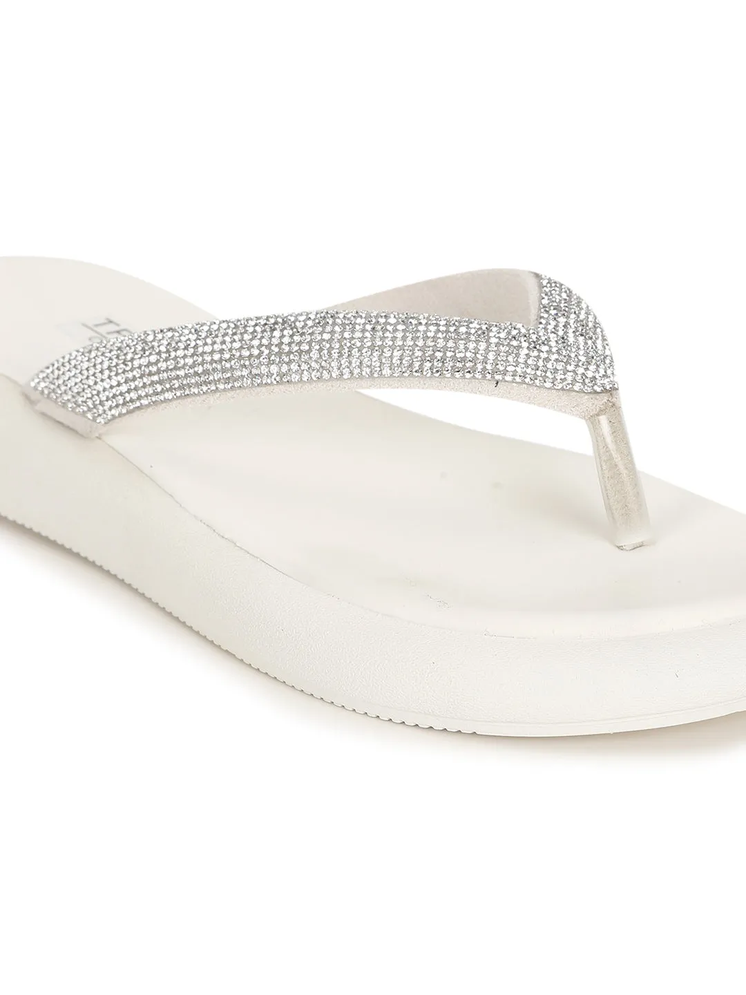 Off White PU Embellished T-Strap Stylish Flats (TC-RS3639-OWHT)