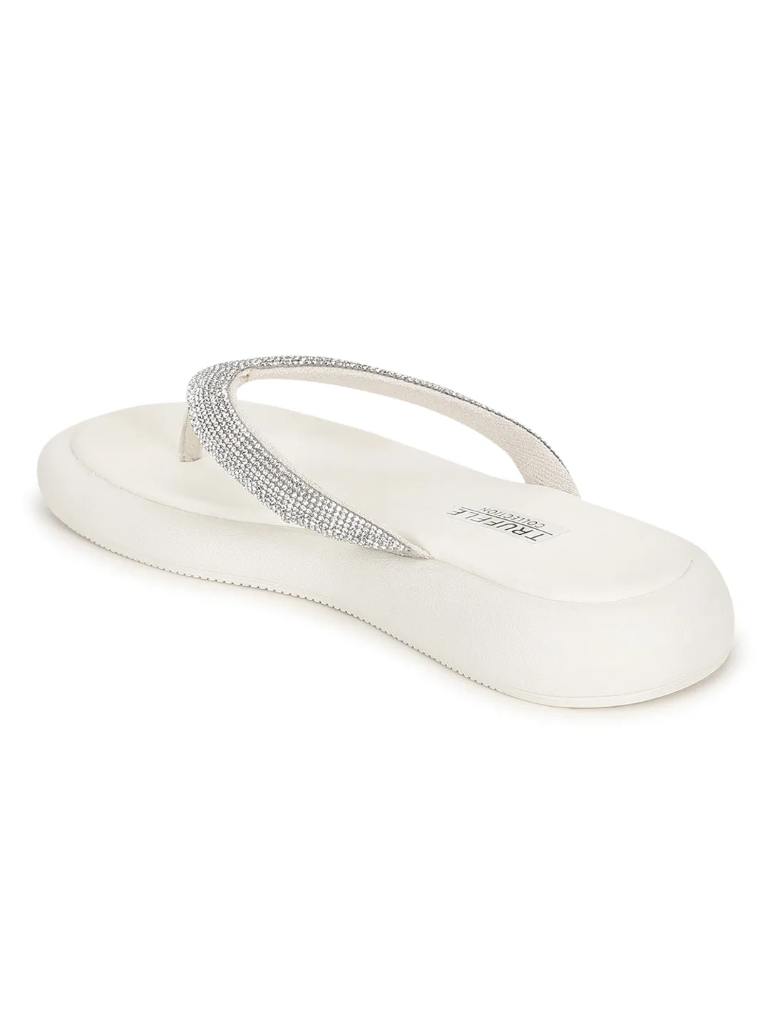 Off White PU Embellished T-Strap Stylish Flats (TC-RS3639-OWHT)