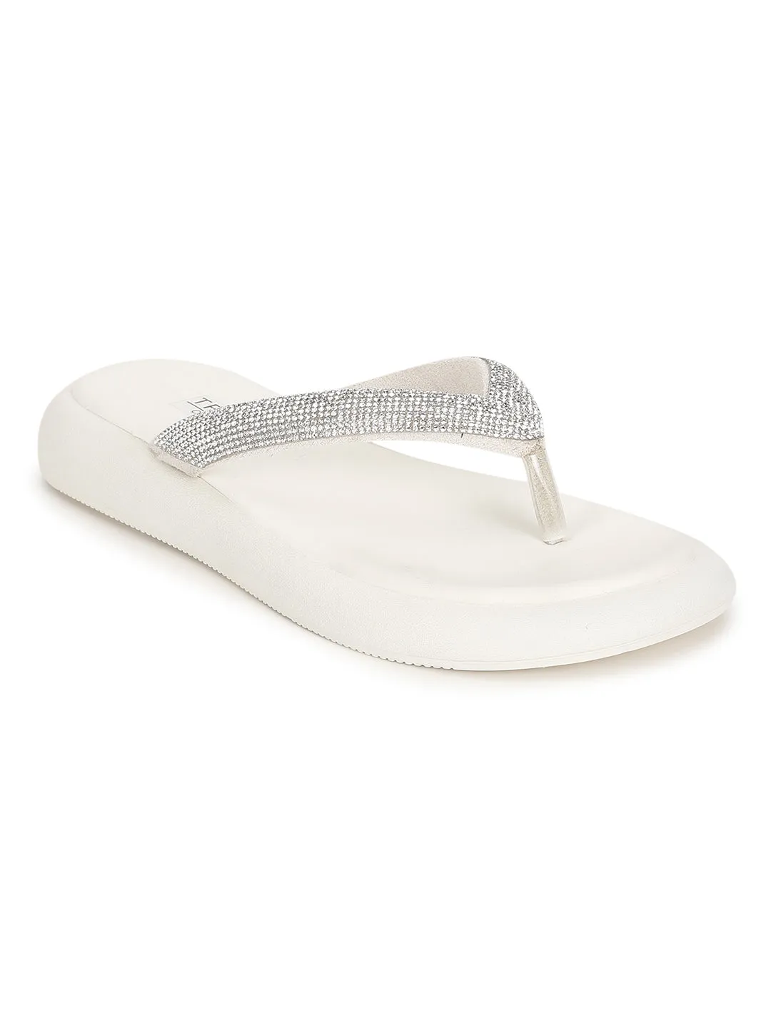 Off White PU Embellished T-Strap Stylish Flats (TC-RS3639-OWHT)