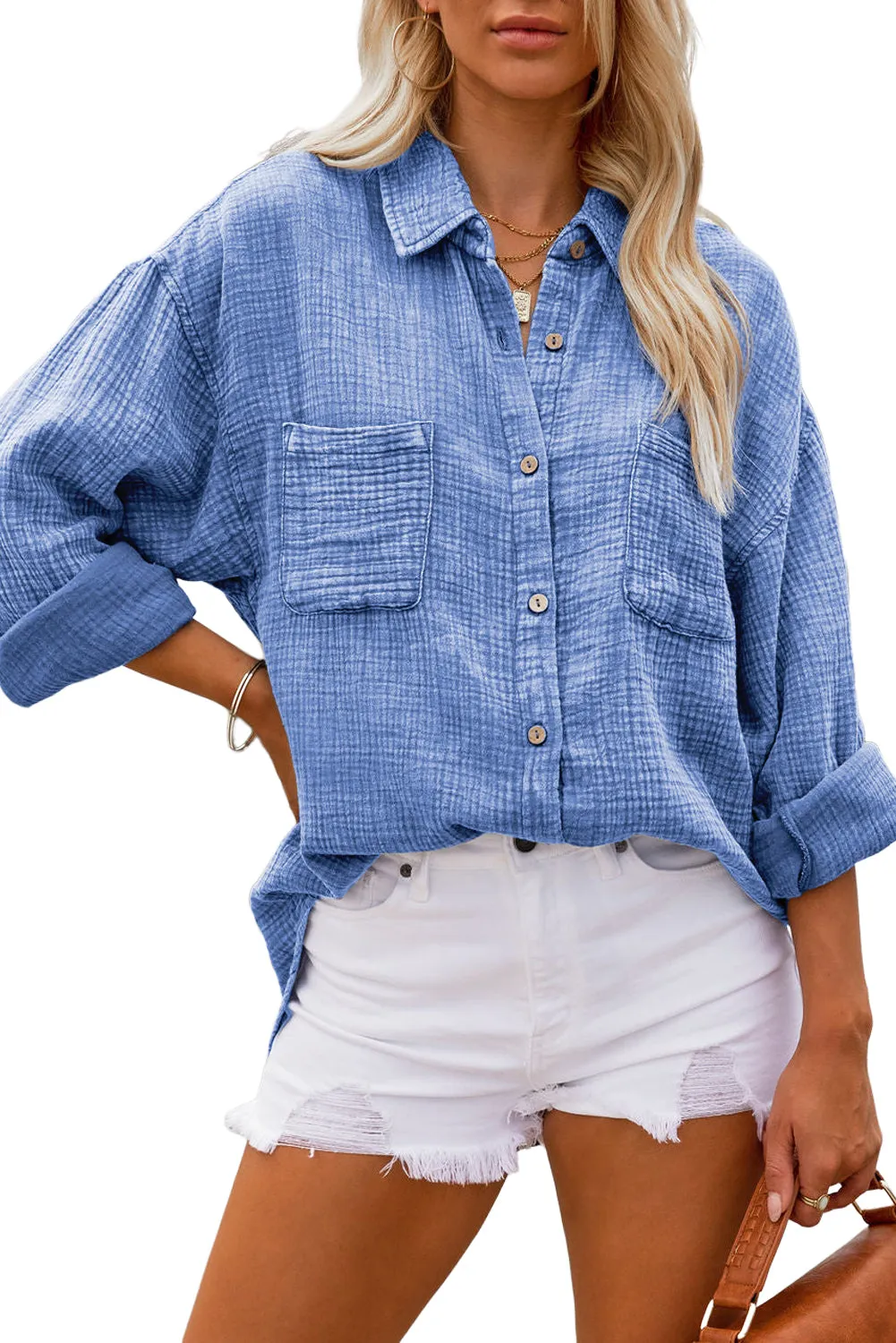 Pink Mineral Wash Crinkle Textured Chest Pockets Shirt