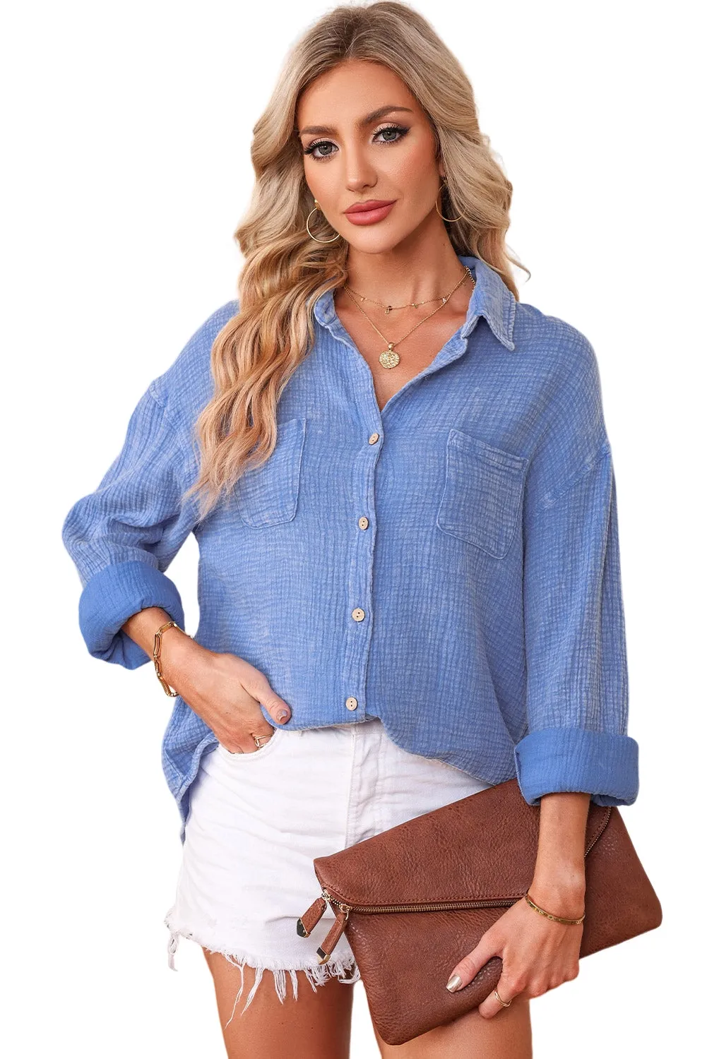 Pink Mineral Wash Crinkle Textured Chest Pockets Shirt