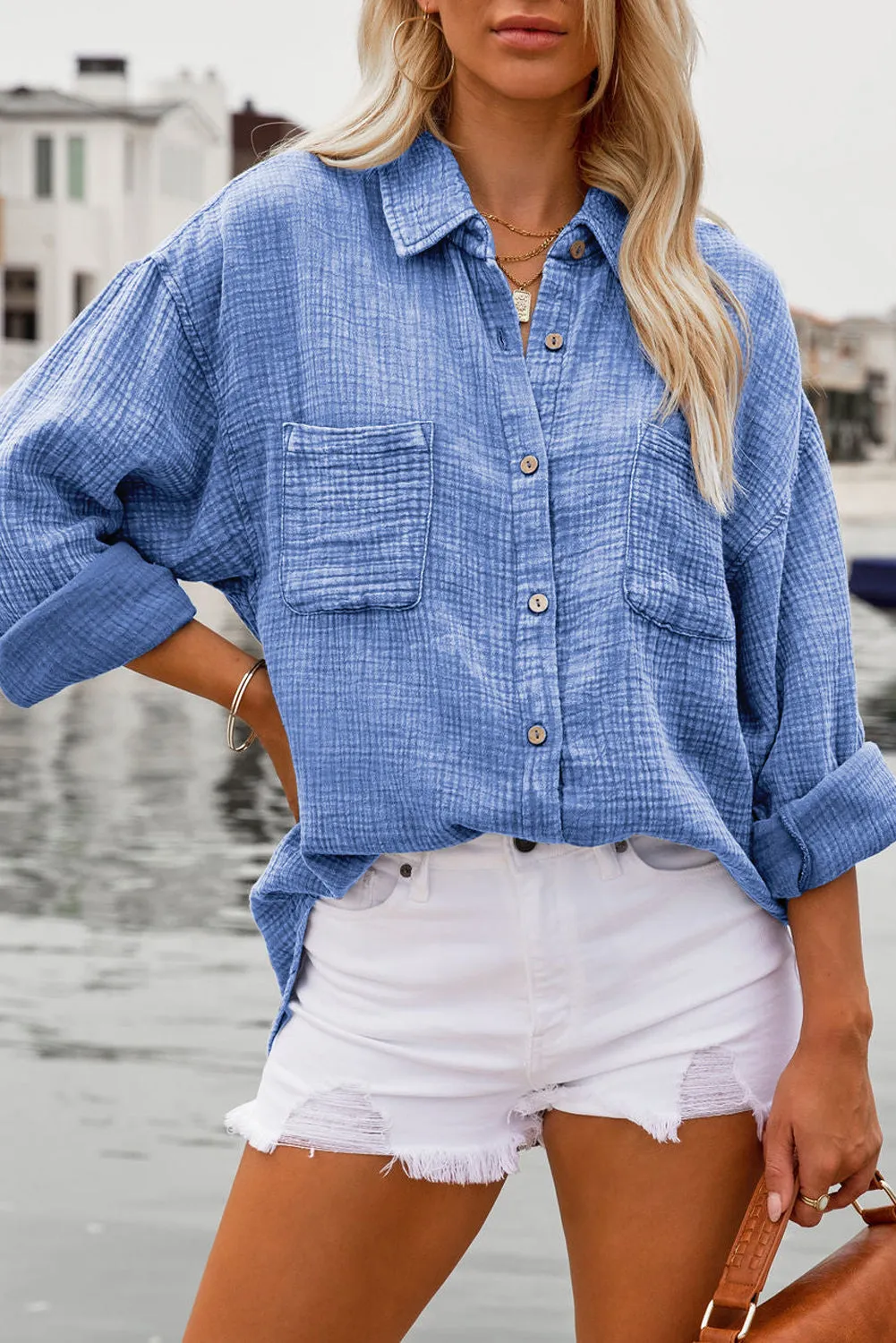 Pink Mineral Wash Crinkle Textured Chest Pockets Shirt