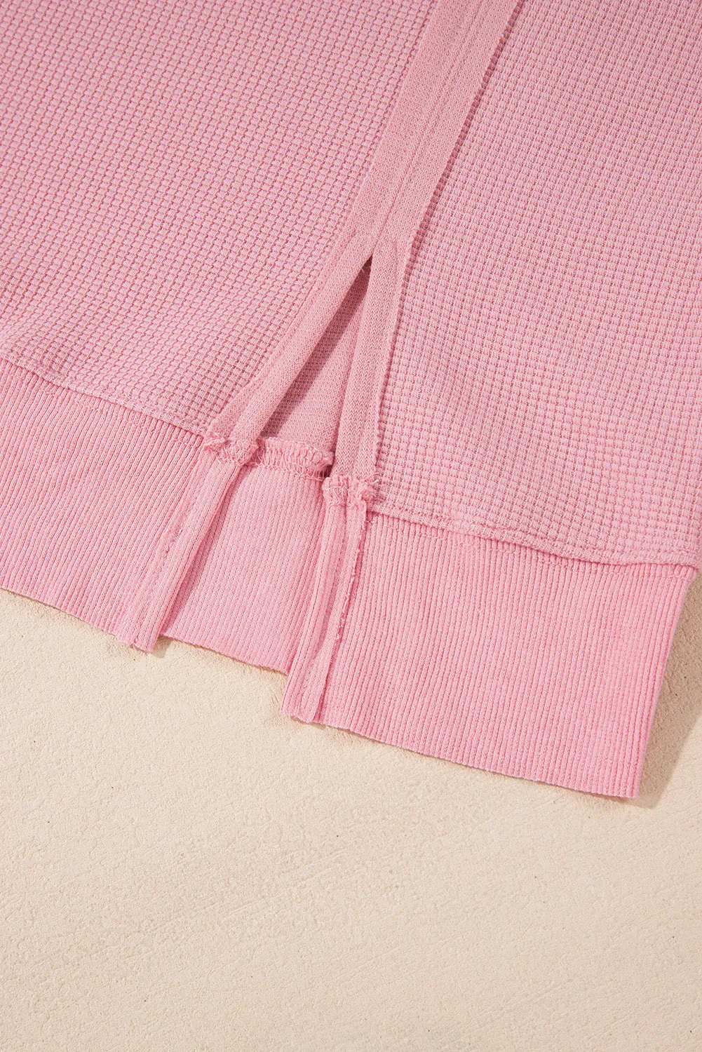 Pink Waffle Knit Bishop Sleeve Split Oversized Sweatshirt