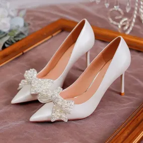 Rimocy Luxury Pearl Bowknot Wedding Pumps Women Sexy Stiletto Heels Party Shoes Woman Silk Pointed Toe Rhonestone Pumps Ladies