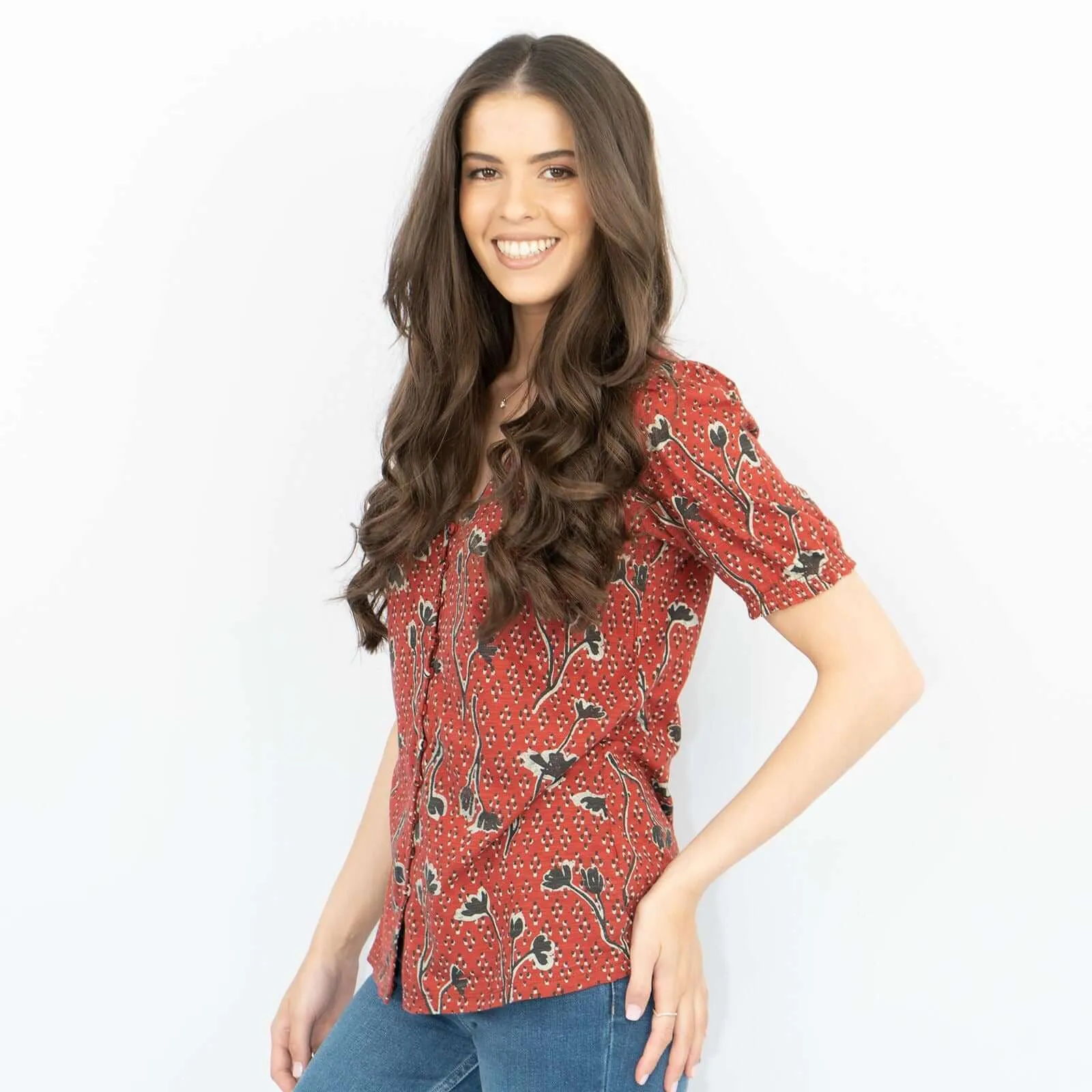 Sandra Red Pressed Flower Short Sleeve Soft Cotton Jersey Tops