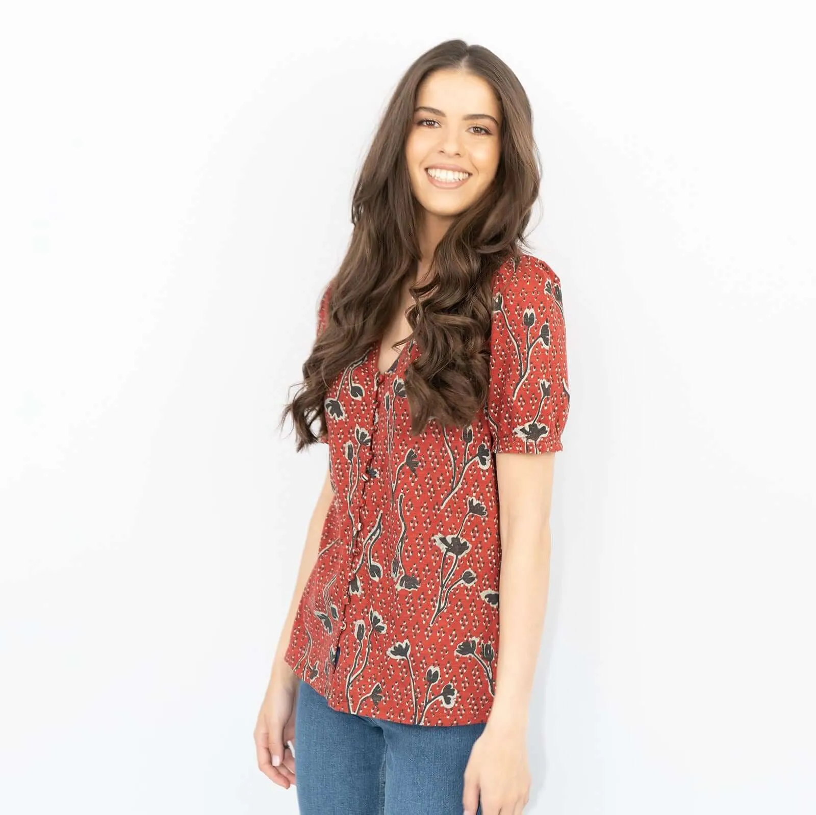 Sandra Red Pressed Flower Short Sleeve Soft Cotton Jersey Tops