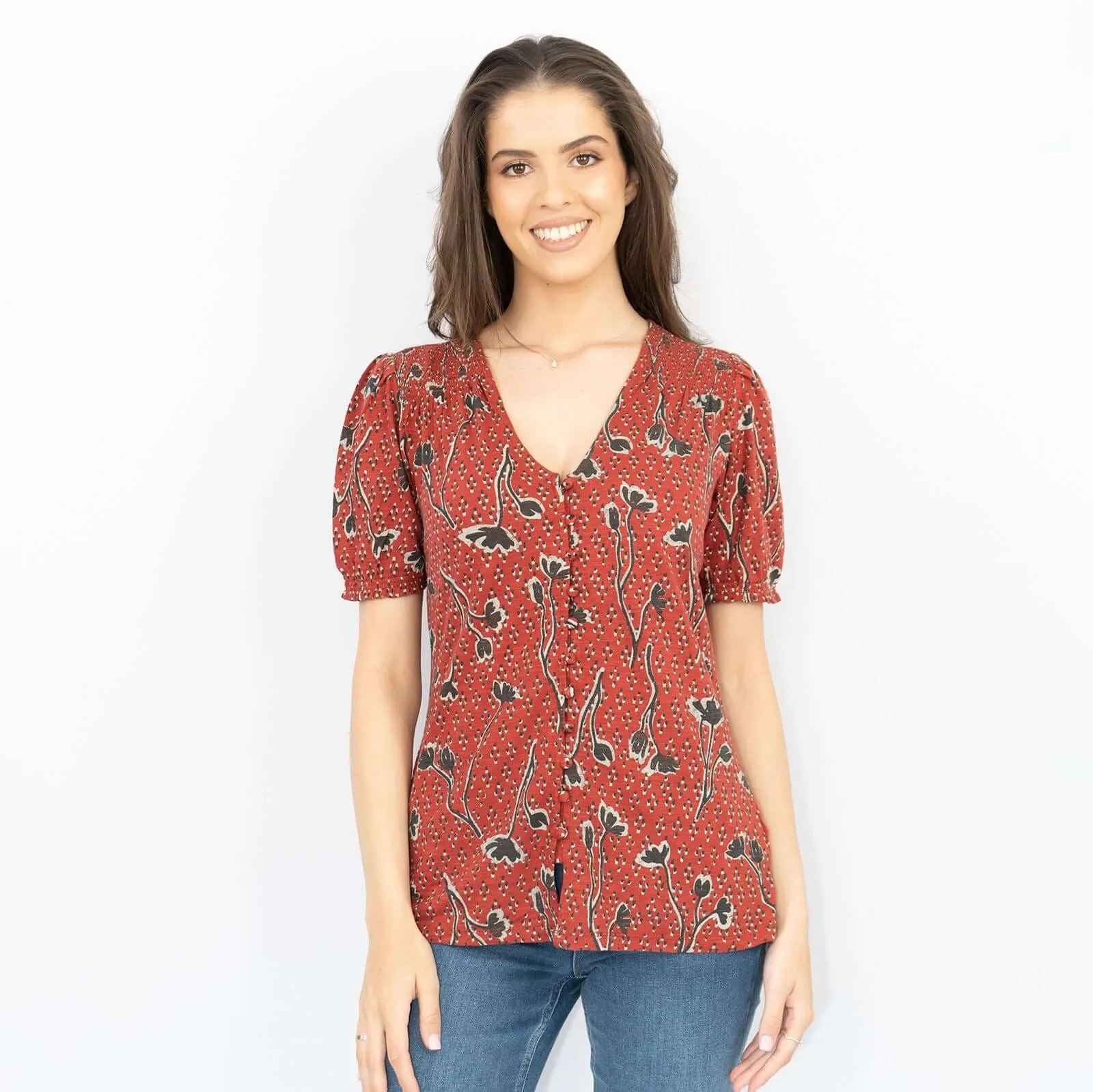 Sandra Red Pressed Flower Short Sleeve Soft Cotton Jersey Tops