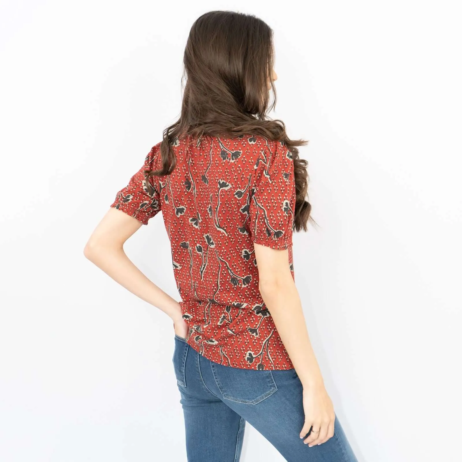 Sandra Red Pressed Flower Short Sleeve Soft Cotton Jersey Tops