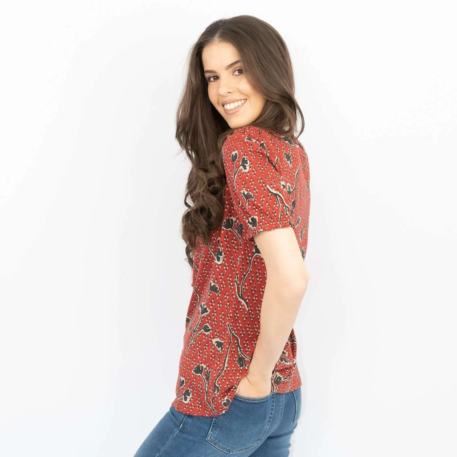 Sandra Red Pressed Flower Short Sleeve Soft Cotton Jersey Tops