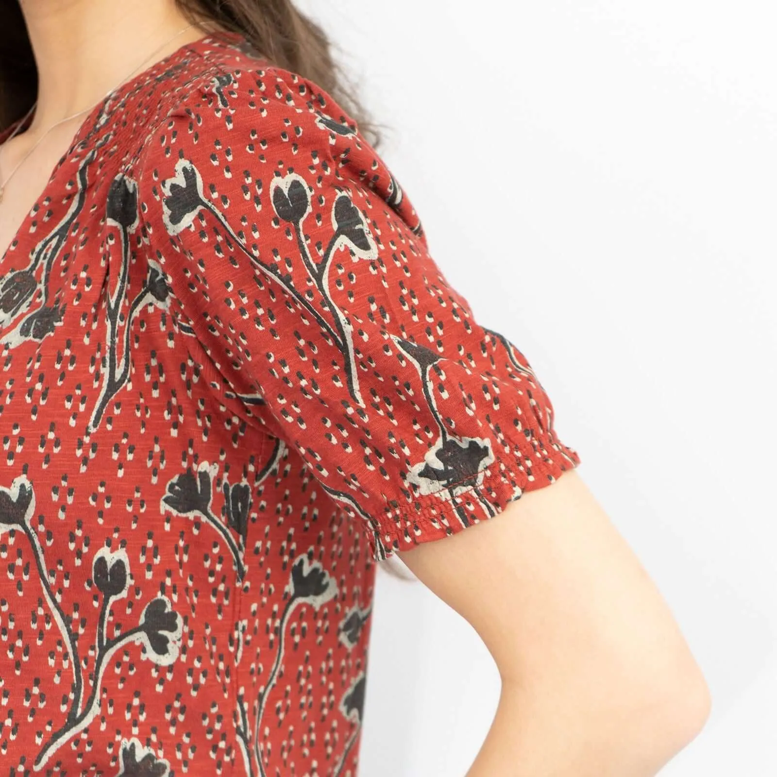 Sandra Red Pressed Flower Short Sleeve Soft Cotton Jersey Tops