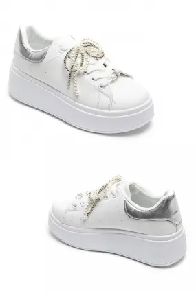 SILVER WHITE PEARL LACE DETAIL LACE UP CHUNKY SNEAKERS TRAINERS