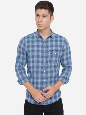 Sky Blue Checked Slim Fit Semi Casual Shirt | JadeBlue