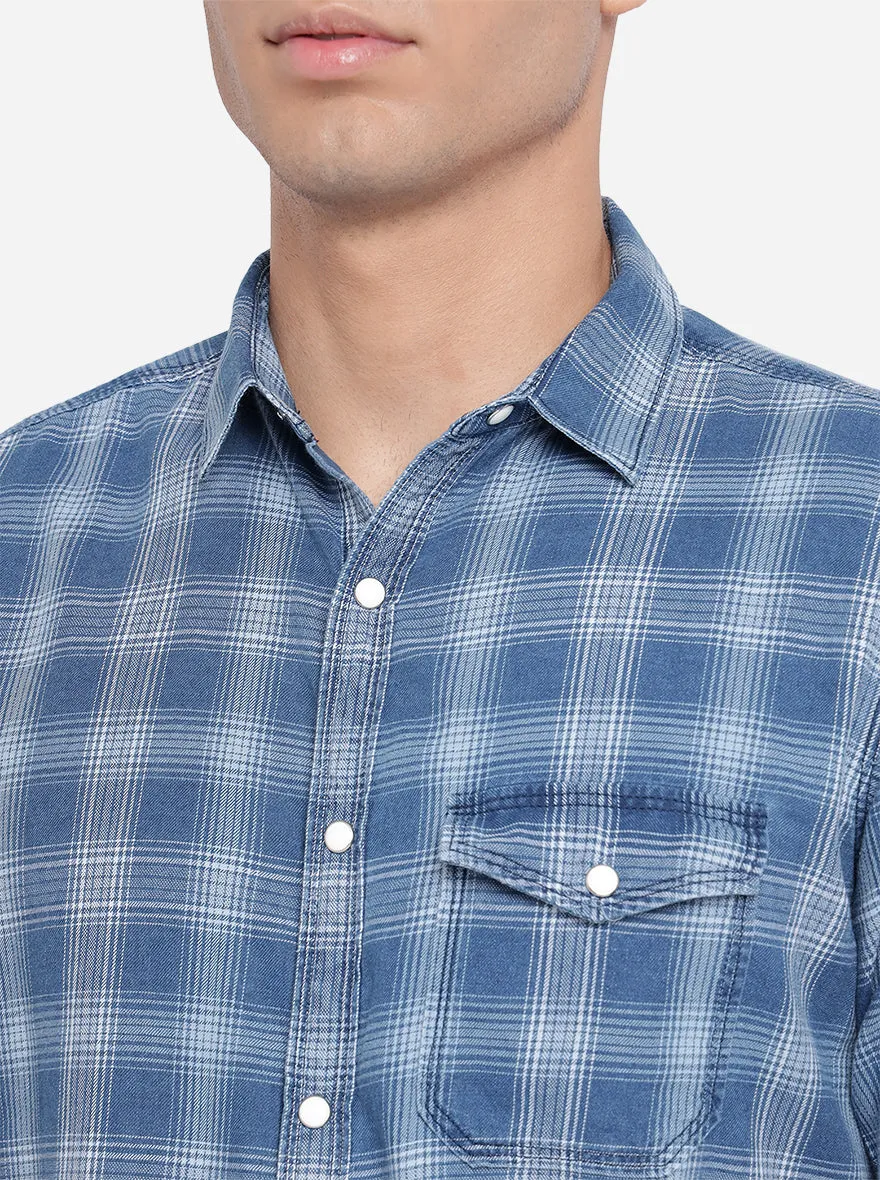 Sky Blue Checked Slim Fit Semi Casual Shirt | JadeBlue