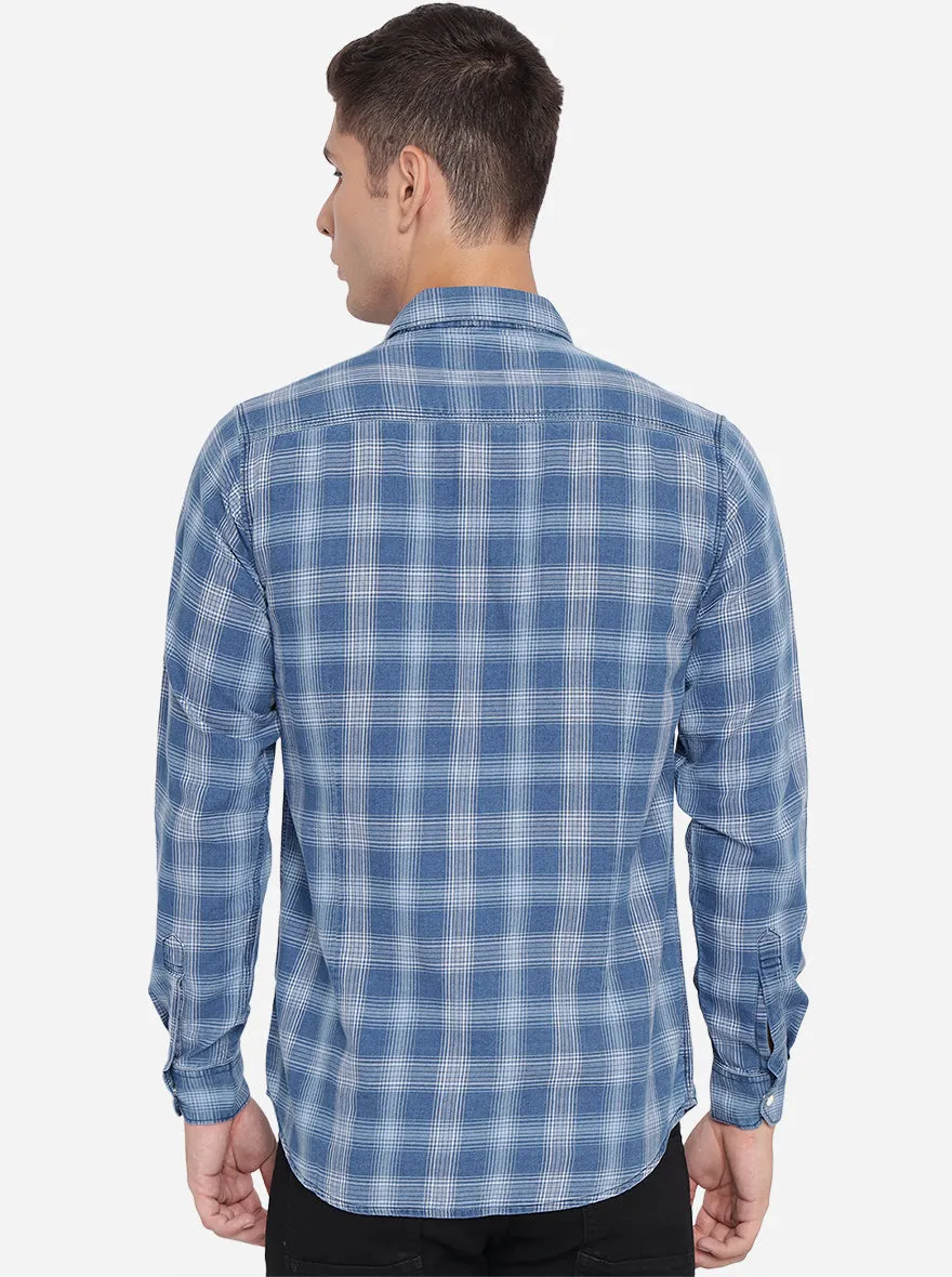 Sky Blue Checked Slim Fit Semi Casual Shirt | JadeBlue