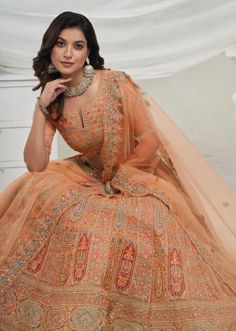 Soft Net Mustard Heavy Embroidered Bridal Style Lehenga Choli