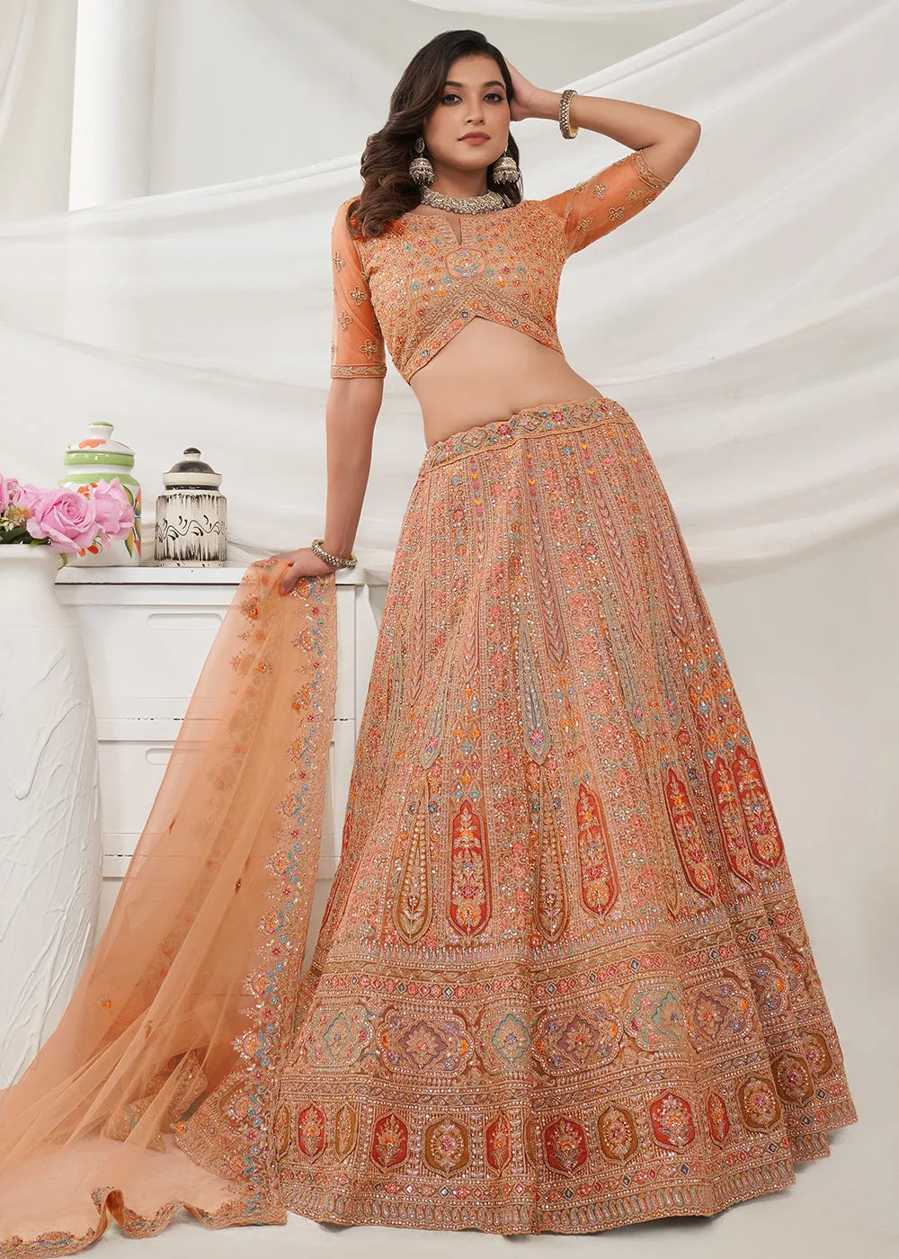 Soft Net Mustard Heavy Embroidered Bridal Style Lehenga Choli