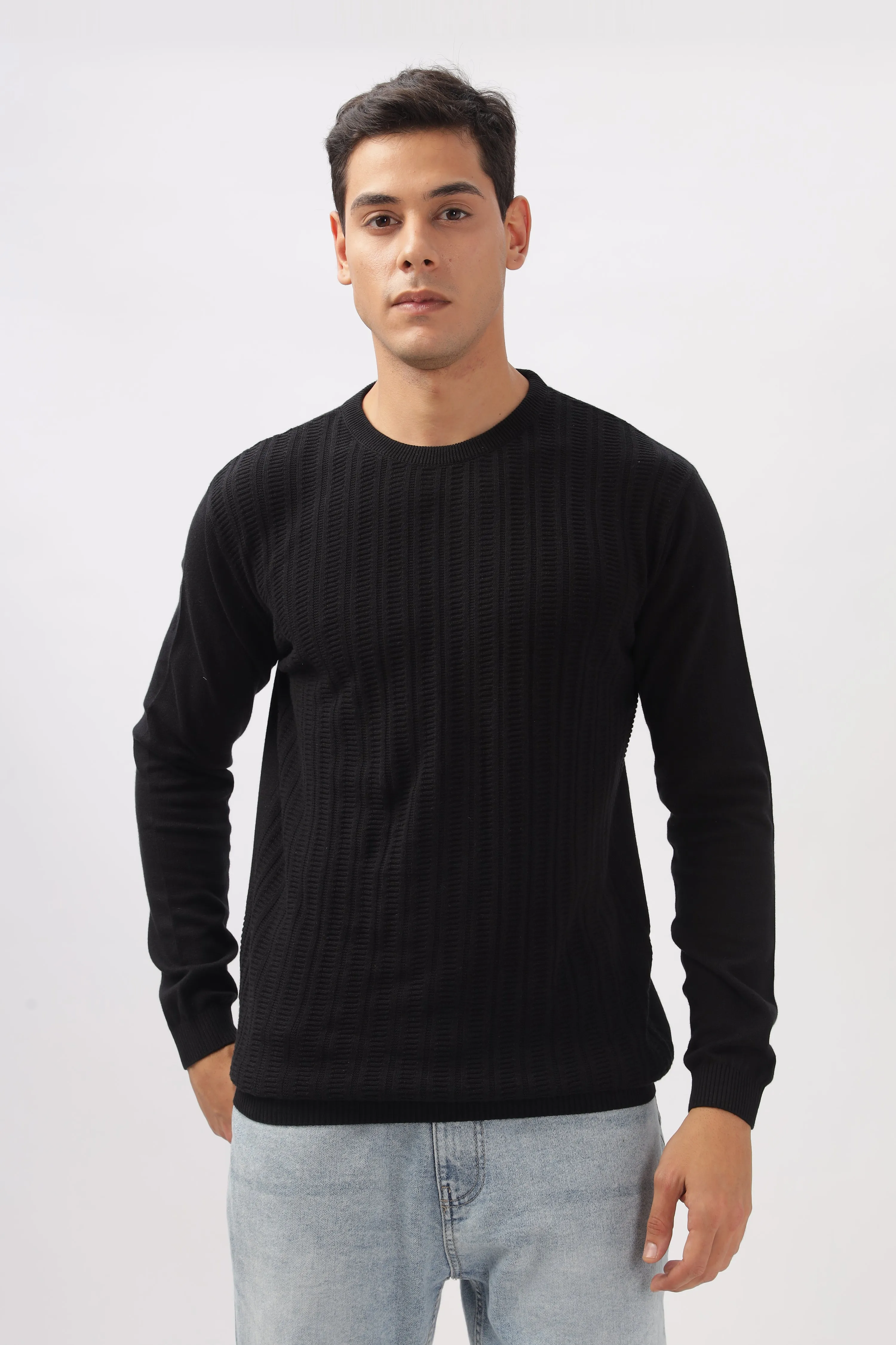 Stripes Knitted Black Full-Sleeve T-Shirt