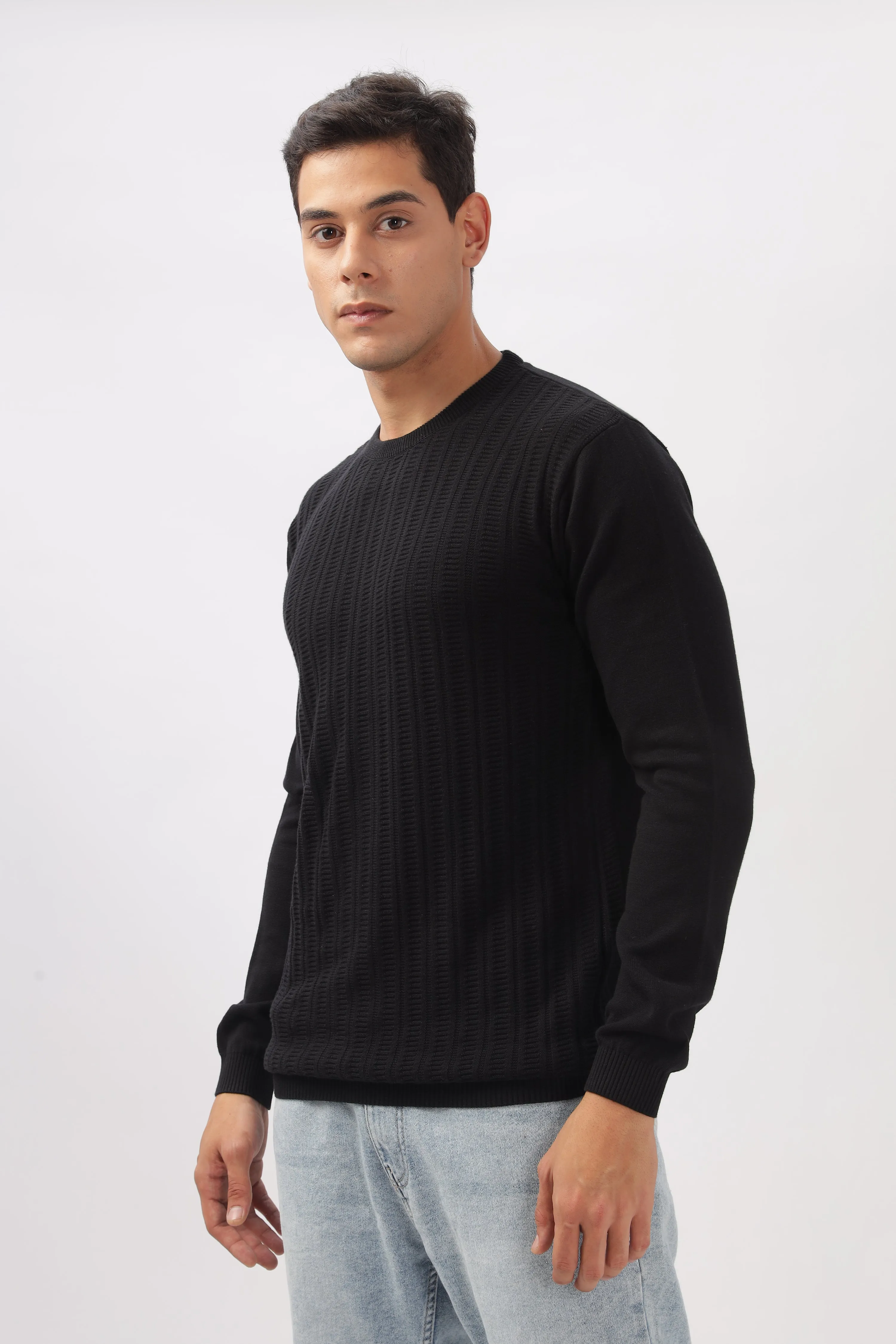 Stripes Knitted Black Full-Sleeve T-Shirt