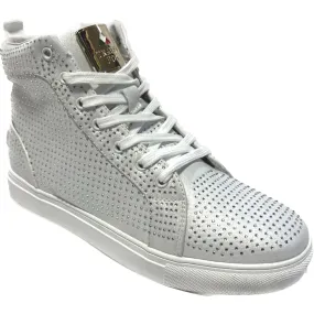 Travel Fox Men's White and Silver Rhinestone Leather High Top Sneakers 9210-07