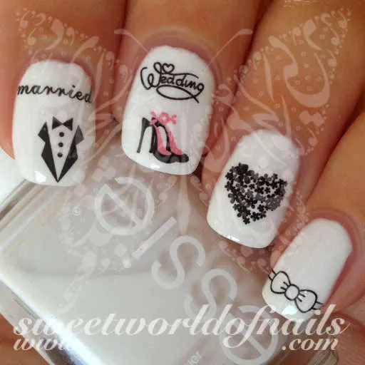 Wedding Nail Art Married Tuxedo High Heels Heart Bow Nail Water Decals Water Slides