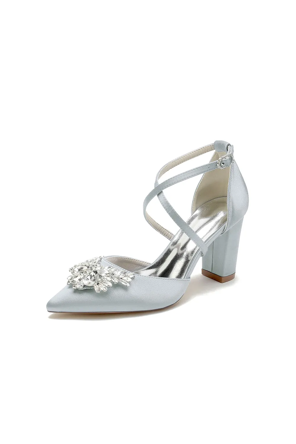 White Cross-Strap Pump with Crystal Flower Accent