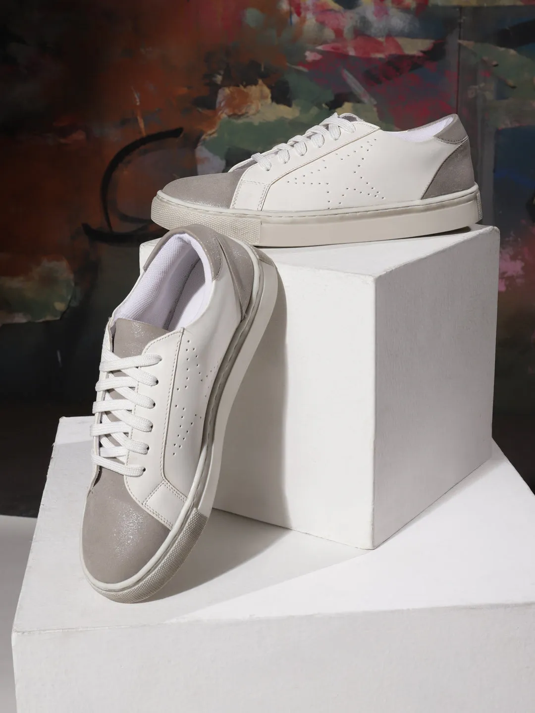 White Grey PU Flat Lace up Sneakers (TC-RLST12-WHT)