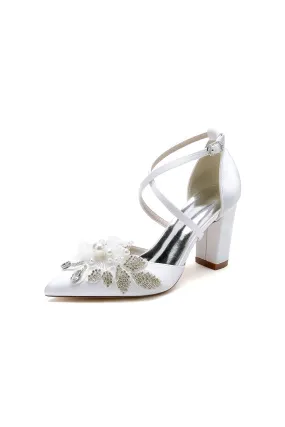 White Silk Pump with Handcrafted Flower and Crystal Embellishments