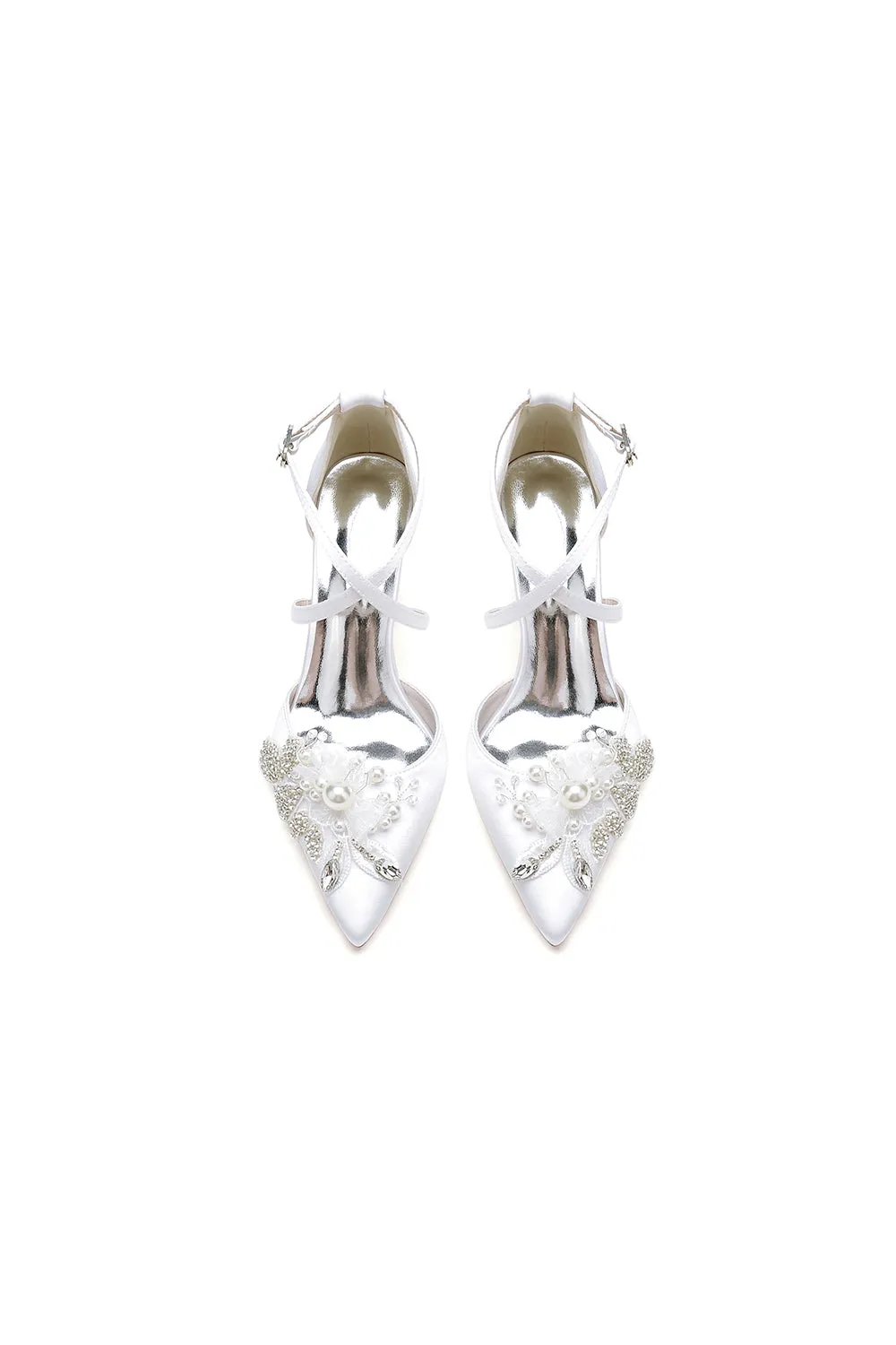 White Silk Pump with Handcrafted Flower and Crystal Embellishments