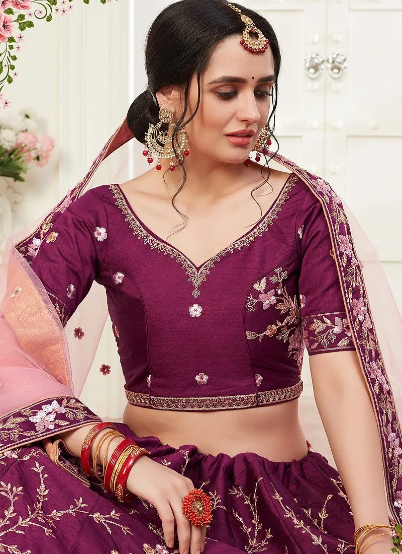 Wine Floral Embroidered Art Silk Lehenga Choli