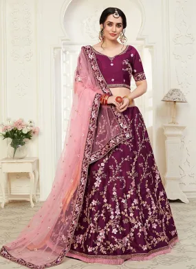 Wine Floral Embroidered Art Silk Lehenga Choli