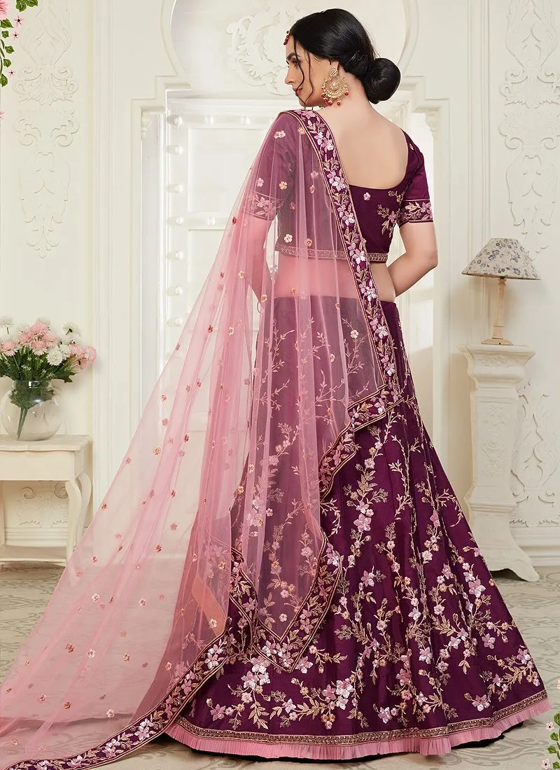 Wine Floral Embroidered Art Silk Lehenga Choli