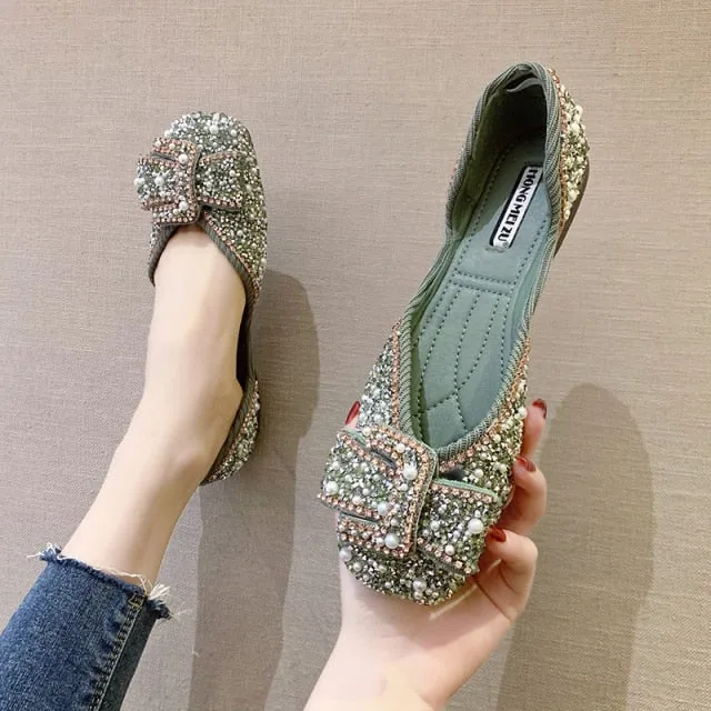 Women Ballet Flats  Bling Crystal Diamond Dress Flats Ladies Bow Sequins Single Shoes Rhinestone Glitter Square Toe Size 43