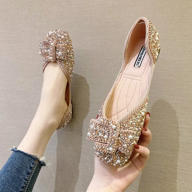 Women Ballet Flats  Bling Crystal Diamond Dress Flats Ladies Bow Sequins Single Shoes Rhinestone Glitter Square Toe Size 43