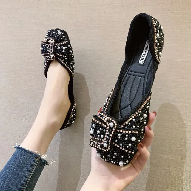 Women Ballet Flats  Bling Crystal Diamond Dress Flats Ladies Bow Sequins Single Shoes Rhinestone Glitter Square Toe Size 43