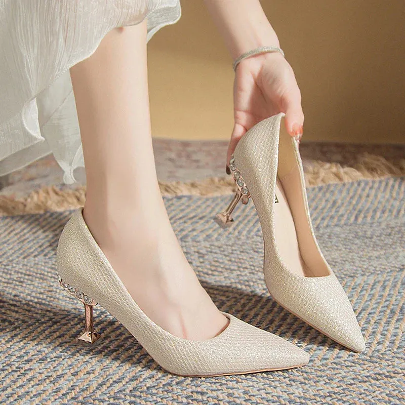 Xajzpa  Bling Gold Silver Pointed Toe Pumps Women Rhinesthone Thin Heels Party Wedding Shoes Woman Shallow High-Heeled Shoes