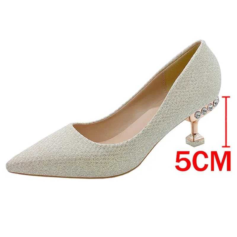 Xajzpa  Bling Gold Silver Pointed Toe Pumps Women Rhinesthone Thin Heels Party Wedding Shoes Woman Shallow High-Heeled Shoes