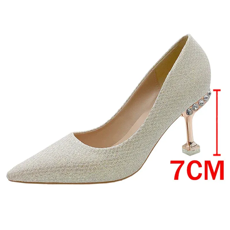 Xajzpa  Bling Gold Silver Pointed Toe Pumps Women Rhinesthone Thin Heels Party Wedding Shoes Woman Shallow High-Heeled Shoes