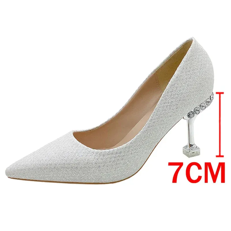 Xajzpa  Bling Gold Silver Pointed Toe Pumps Women Rhinesthone Thin Heels Party Wedding Shoes Woman Shallow High-Heeled Shoes