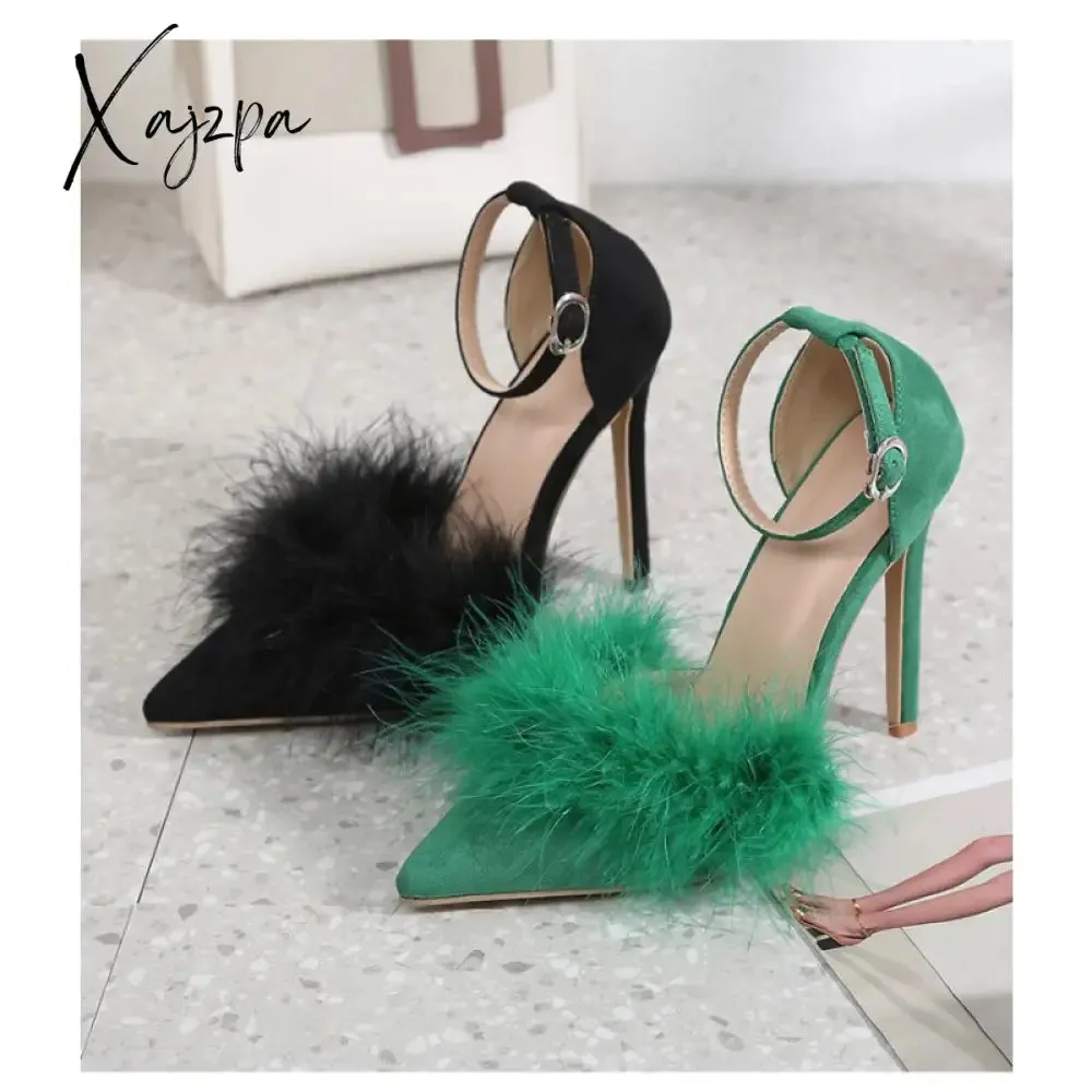 Xajzpa - New Design Womens Sandals Fashion Fuzzy Feather Summer Thin Heels Sexy Pointed Toe Nightclub Stripper Shoes chaussure femme