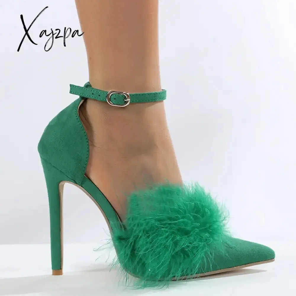 Xajzpa - New Design Womens Sandals Fashion Fuzzy Feather Summer Thin Heels Sexy Pointed Toe Nightclub Stripper Shoes chaussure femme