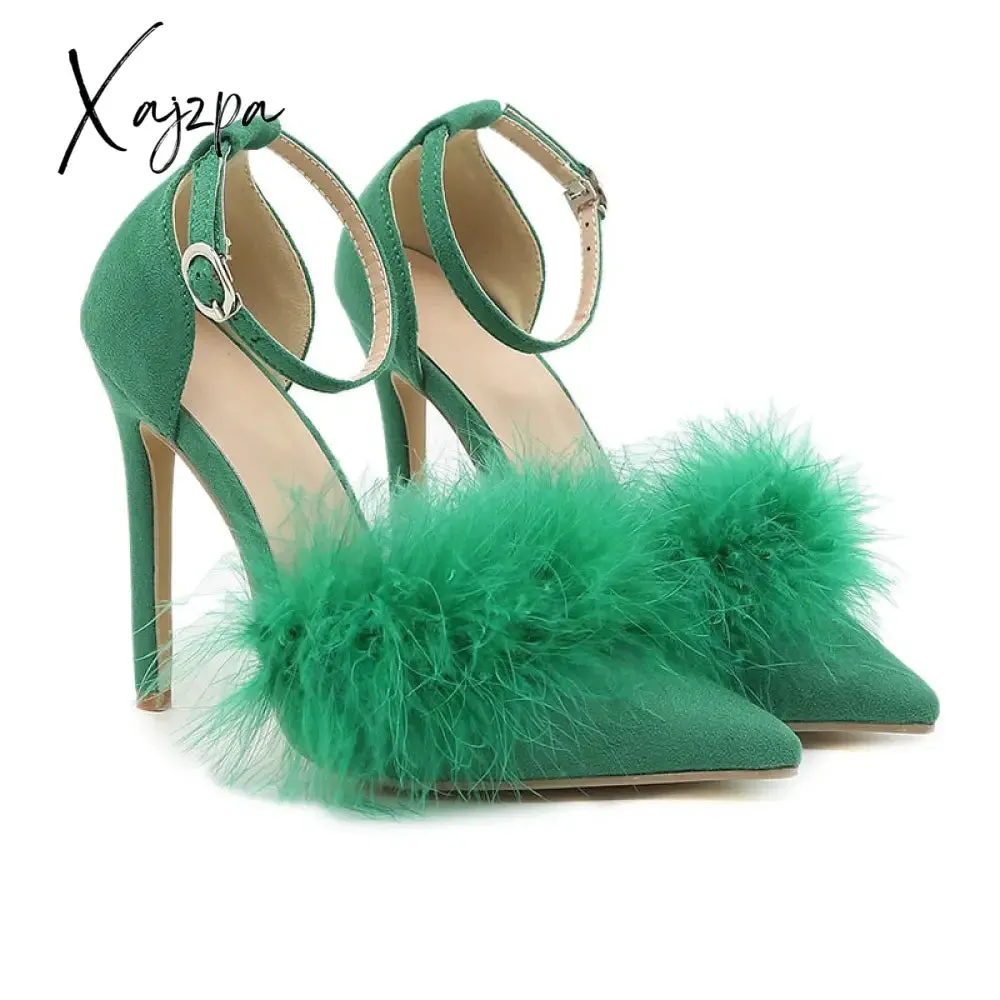 Xajzpa - New Design Womens Sandals Fashion Fuzzy Feather Summer Thin Heels Sexy Pointed Toe Nightclub Stripper Shoes chaussure femme