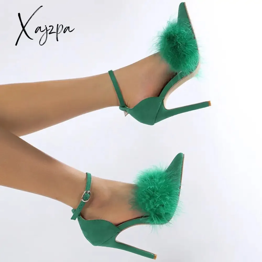 Xajzpa - New Design Womens Sandals Fashion Fuzzy Feather Summer Thin Heels Sexy Pointed Toe Nightclub Stripper Shoes chaussure femme